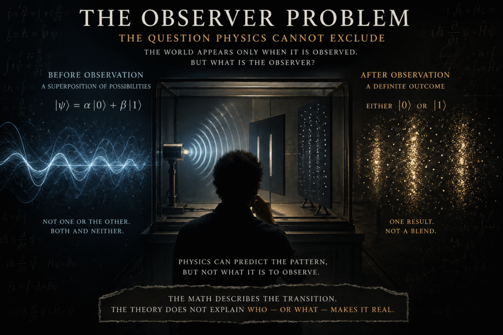 The Question Physics cannot exclude. The world appears only when it is observed. But what is the Observer?
